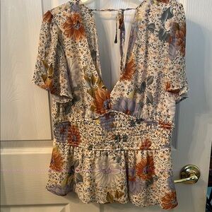 Meraki Cream and Orange Flutter Sleeve Peplum Blouse